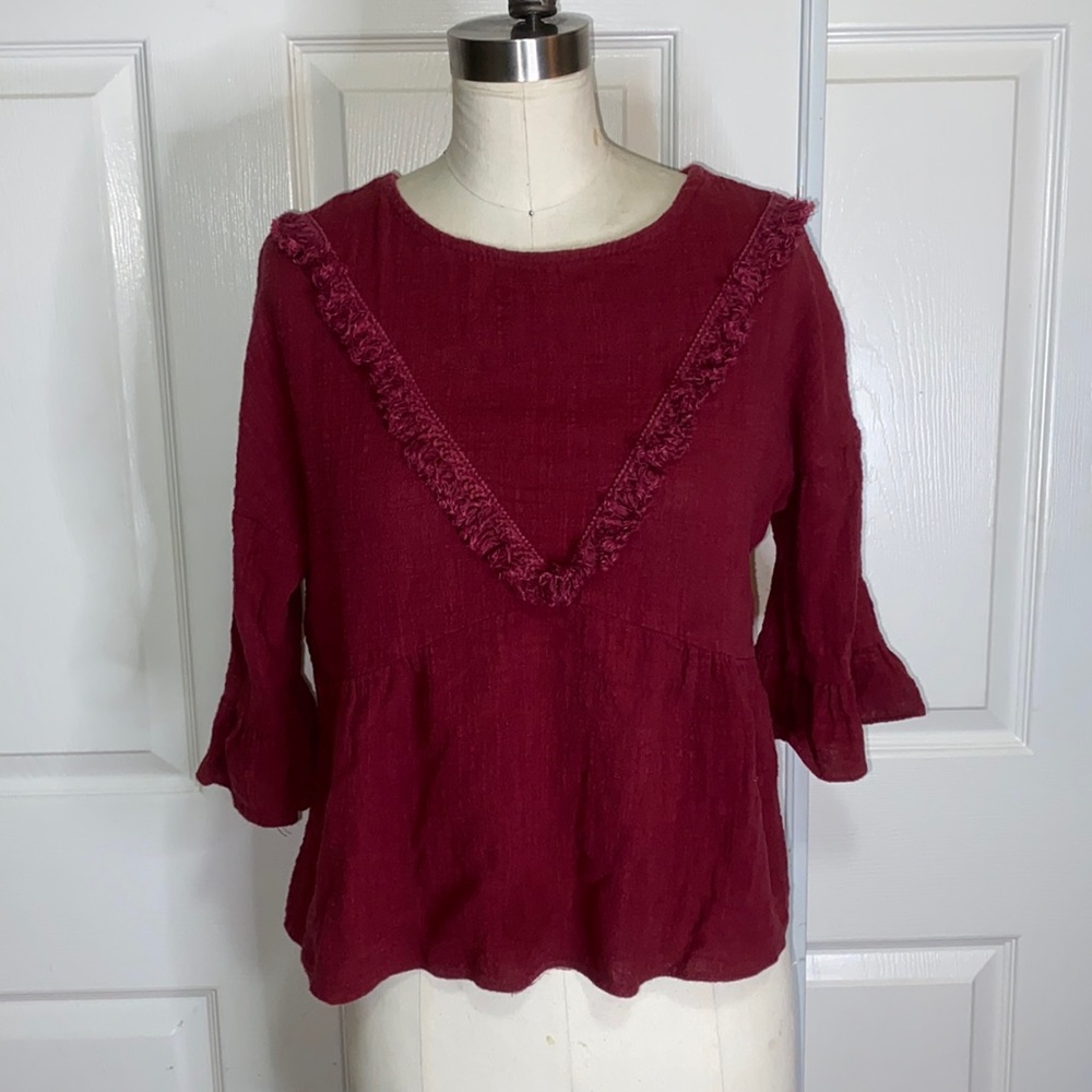 Zhuorankaili Maroon Cotton Peplum Top with fringe - size Small